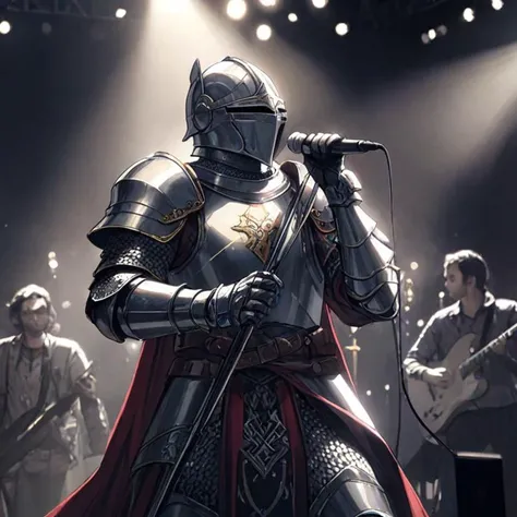 knight, armor, holding microphone, stage, band behind singer,, (masterpiece,  best quality),