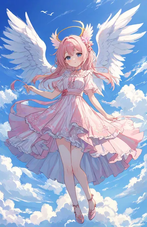 masterpiece,best quality,wallpaper,1girl,wings,knee,full body,long dress,white pink theme,blue sky,cloud,
