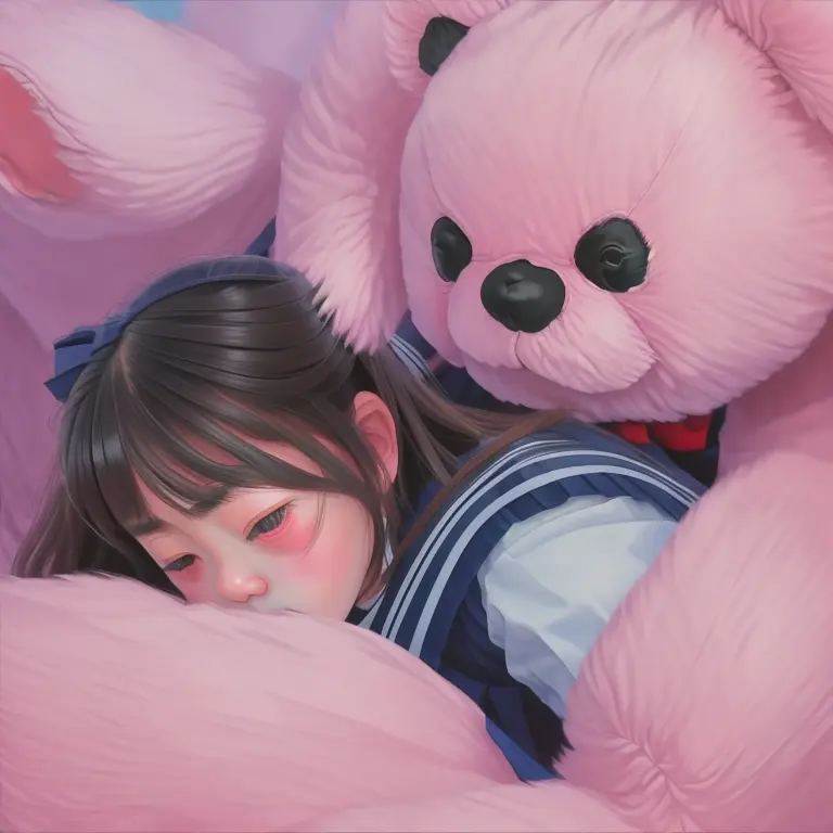 painting of a japanese girl hugging a giant scary teddy toy, fluffy, <lora:Kazuhiroi_Hori:1>, kazuhiro_hori, Pink_Hell