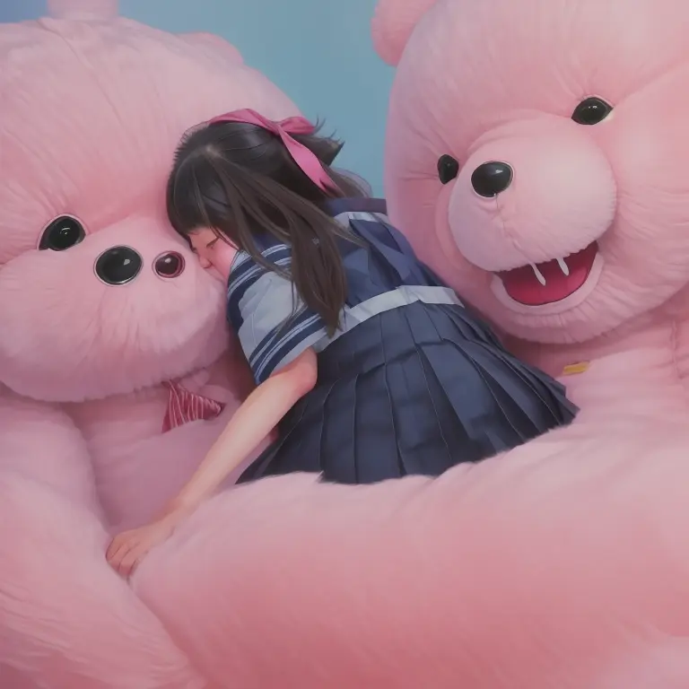 painting of a japanese girl hugging a giant scary teddy toy, fluid, <lora:Kazuhiroi_Hori:1>, kazuhiro_hori, Pink_Hell