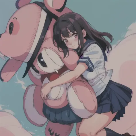 painting of a japanese schoolgirl  hugging a giant scary teddy toy, <lora:Kazuhiroi_Hori:1>, kazuhiro_hori, Pink_Hell