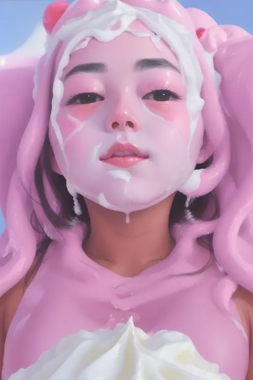 painting of a woman covered in white whipped cream, closeup face, <lora:Kazuhiroi_Hori:1>, kazuhiro_hori, Pink_Hell