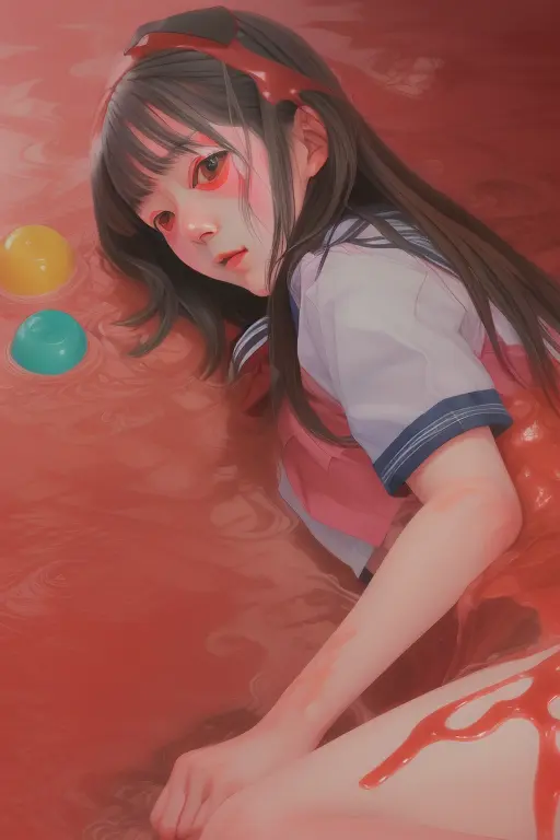 painting of a japanese girl getting covered in a red fluid, <lora:Kazuhiroi_Hori:1>, kazuhiro_hori, Pink_Hell