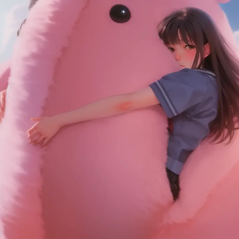 painting of a woman hugging a giant toy, <lora:Kazuhiroi_Hori:1>, kazuhiro_hori, Pink_Hell
