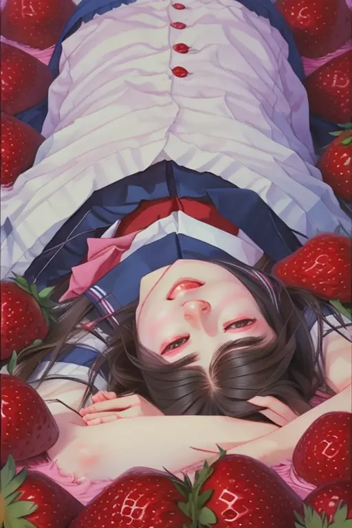 japanese girl laying on the ground surounded by strawberries, <lora:Kazuhiroi_Hori:1>, kazuhiro_hori, Pink_Hell