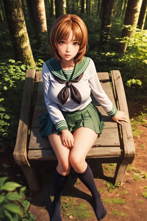 (ultra realistic,32k, masterpiece:1.2),(high detailed skin:1.1), 8k uhd, dslr, high quality, (thick\lips\),
 <lora:nishizumi_miho:0.7>aamiho,1girl,brown eyes,brown hair,orange hair,short hair,ooarai school uniform,white sailor collar,black neckerchief,white shirt,long sleeves,green skirt,(black socks:1.2), , <lora:add_detail:0.93>, huge breast, 
(looking at viewer, sitting, crossed legs, from above:1.1),,
,(lighting:1.1),  forest, thick foliage, tall trees, peaceful