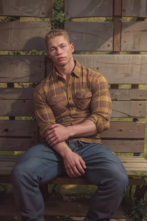 photo of matthew_rush <lora:matthew_rush-07:0.75> sitting outdoors on a bench with rusted metal behind him, wearing a plaid shirt and blue jeans, holding arm, looking at the camera, confident approachable expression, natural light, golden hour