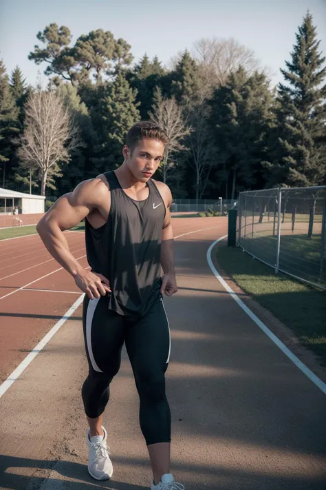 photo of matthew_rush <lora:matthew_rush-07:0.75> walking on a track field outdoors, wearing a sleeveless shirt, leggings, and bright running shoes, trees in the background, fencing in the background, hands on hips