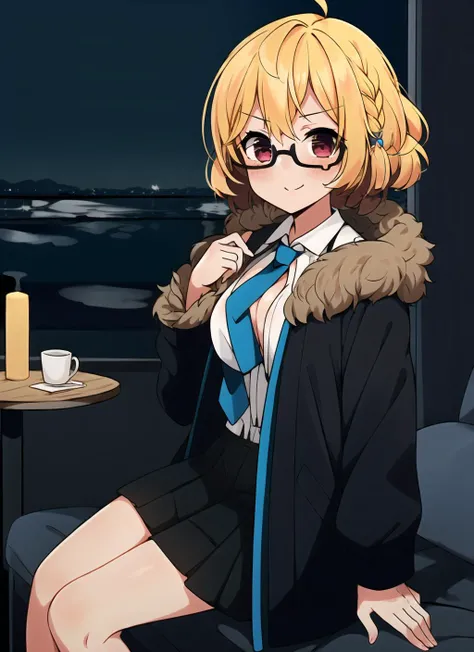 masterpiece, best quality, <lora:add_detail:0>, colorful, (1girl), (solo), (night:1.3), (low key), <lora:LowRA:0.8>, looking at viewer, facing viewer, hotel room, kotori \(blue archive\), fur trimmed collar, braid, necktie, blonde hair, glasses, blush, smile, <lora:KotoriBlueArchive:1>