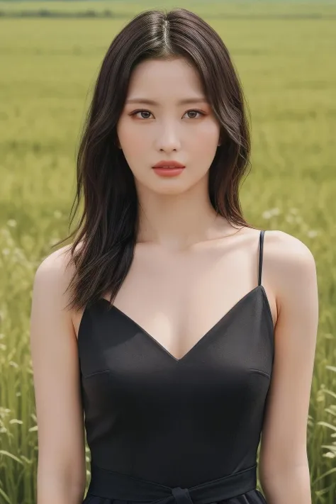 momo1, a woman, (realistic), (hyperrealism), (photorealistic), depth of field, eye makeup:0.8, (upper body:1.2), (narrow waist), looking at the viewer, black dress, at the field, <lora:httpmomo:0.45>