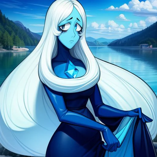 (8k) (high res) (best quality) (masterpiece) blue_diamond, white hair,long hair, blue skin,colored skin, blue eyes, gem, dress, lake,