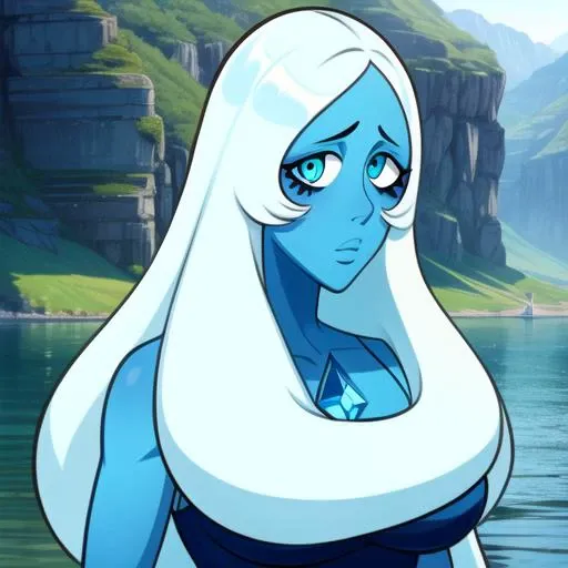 (8k) (high res) (best quality) (masterpiece) blue_diamond, white hair,long hair, blue skin,colored skin,  blue eyes, gem, dress, upper body, lake,