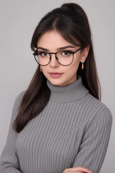 (best quality, masterpiece),<lora:yunaasiren:1> 1girl, solo, long hair, simple background, brown hair, long sleeves, jewelry, closed mouth, upper body, ponytail, earrings, grey background, sweater, lips, sleeves past wrists, turtleneck, sunglasses, ribbed sweater, black-framed eyewear, turtleneck sweater, realistic, adjusting eyewear, black sweater, looking over eyewear,<lora:FilmVelvia2:0.35>, 8k uhd, dslr, soft lighting, high quality, film grain, Fujifilm XT3