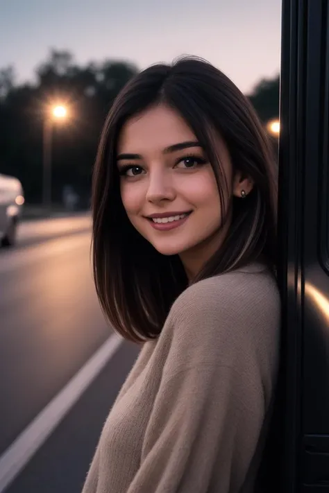 (best quality, masterpiece),<lora:yunaasiren:1>
1girl, solo, looking at viewer, smile, brown hair, outdoors, brown eyes, lips, night, ground vehicle, portrait, motor vehicle, realistic, car, road, lamppost
, 8k uhd, dslr, soft lighting, high quality, film grain, Fujifilm XT3