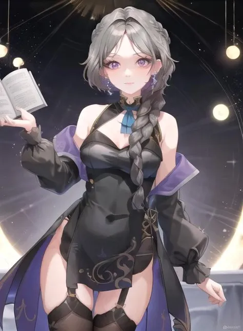 best quality, (masterpiece),(ultra-detailed), (high quality), (high resolution),   <lora:elure:0.7>,1girl, bangs, bare shoulders, black dress, braid, dress, earrings, elure, grey hair, hair behind ear, long hair, looking at viewer, makeup, medium breasts, mole, mole under eye, moon, night, off shoulder, open book, piercing, purple eyes, ribbon, solo, thigh strap, virtual youtuber