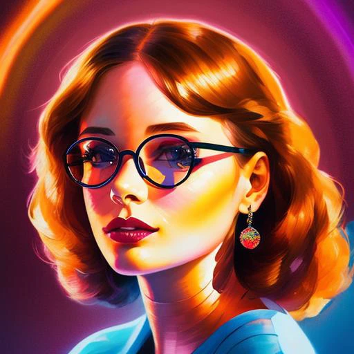 art by Mandy Jurgens and (Alex Grey:1) and (Brandon Woelfel:1) and (Leonid Afremov:1) and Josephine Wall, dreamlikeart, masterpiece, portrait, stunningly beautiful 1girl, (cute:1.1), beautiful feminine face, medium breasts, cleavage, round glasses, thick sweater, nerdy, wavy brown hair, autumn, horny, blushing