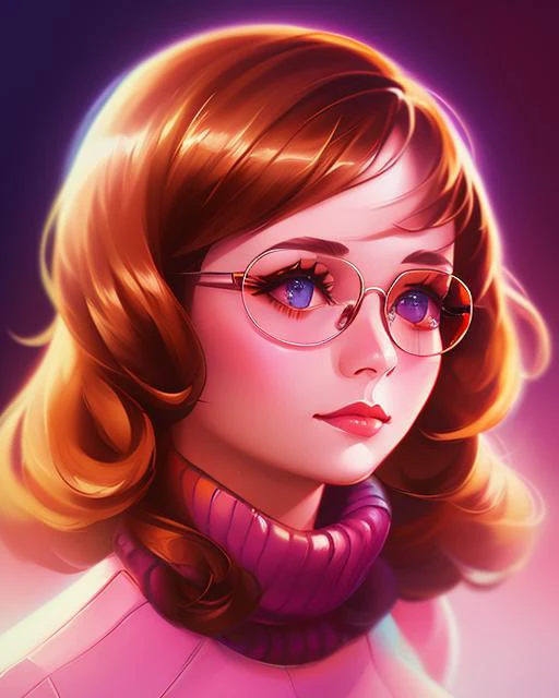 art by Mandy Jurgens and (Alex Grey:1) and (Brandon Woelfel:1) and (Leonid Afremov:1) and Josephine Wall, dreamlikeart, masterpiece, portrait, stunningly beautiful 1girl, (cute:1.1), beautiful feminine face, medium breasts, cleavage, round glasses, thick sweater, nerdy, wavy brown hair, autumn, horny, blushing