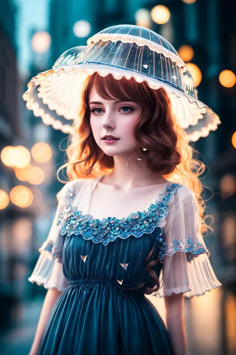 (extremely detailed CG unity 8k wallpaper), a beautiful young woman in the rain with (jellyfish hat:1.2), sundress, (Style-Empire), (Style-Glass:1.15), medieval streets, (((surrealism))), [full_body_shot], dramatic, backlit, volumetric lighting, detailed face, highly detailed, painting