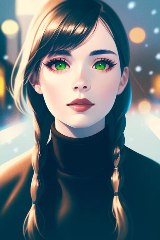 realistic, 4k, masterpiece, best quality, ultra-detailed, (perfect face:1.1), perfect composition, trending art, (high detail:1.1), (high detailed eyes:1.1), 1girl, full body standing in city, winter, snowing, tokyo long black hair, twin braids, green eyes, thighhighs, thick thighs, medium breasts, black corset, skirt