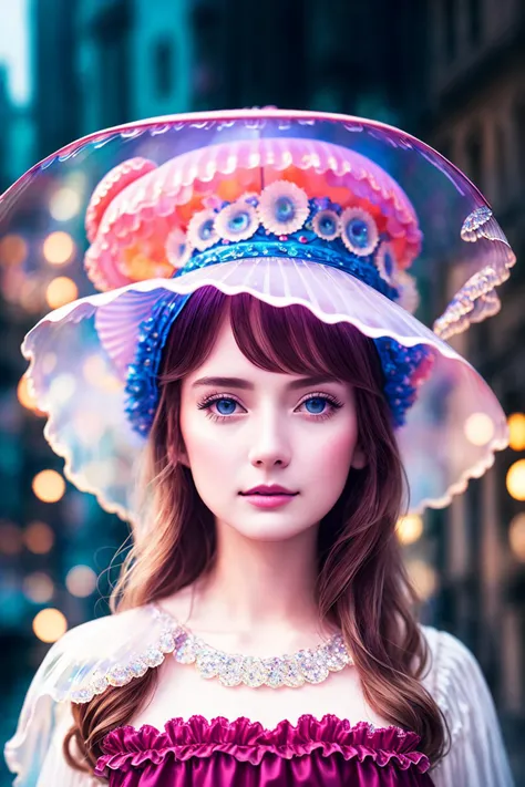 (extremely detailed CG unity 8k wallpaper), a beautiful young woman in the rain with (jellyfish hat:1.2), sundress, (Style-Empire), (Style-Glass:1.15), medieval streets, (((surrealism))), full_body_shot, dramatic, backlit, volumetric lighting, detailed face, highly detailed, painting