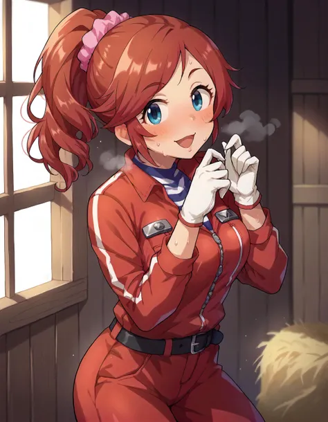 score_9,score_8_up,score_7_up,1girl,solo,smile,barn,looking at viewer,open mouth,
<lora:imurasetsuna_ponyXLV6:0.8>,cgist,red hair,long hair,ponytail,red hair scrunchie,blue eyes,red jumpsuit,striped shirt,white gloves,black belt,sweat,steam,blush