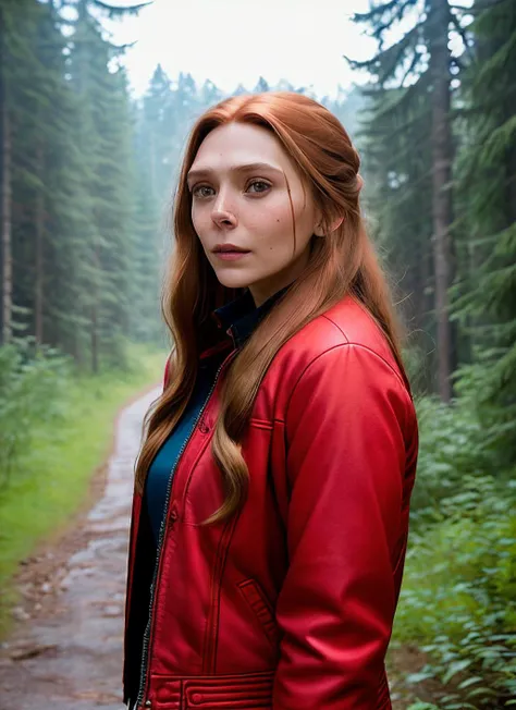 portrait of skswoman, happy , wearing red jacket , with red long hair , wanda maximoff cosplay, background forest epic (photo, studio lighting, hard light, sony a7, 50 mm, matte skin, pores, colors, hyperdetailed, hyperrealistic), <lyco:Elizabeth Olsen:1.2>