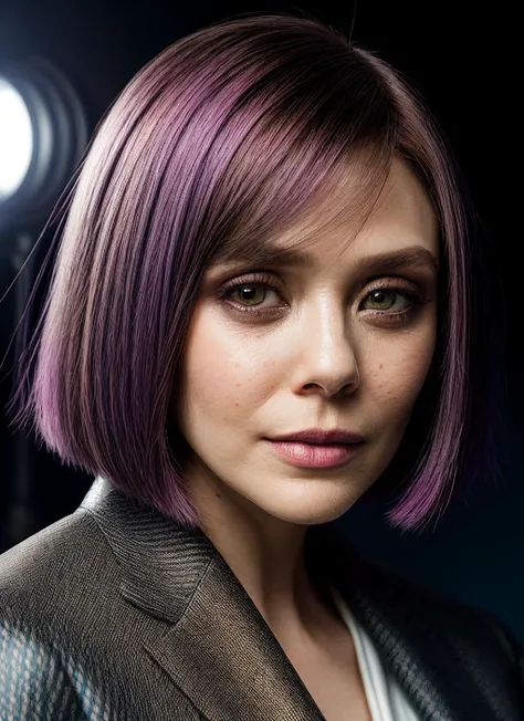 portrait of skswoman, interested , wearing designer wear , with purple Lob (long bob) , background ship epic (photo, studio lighting, hard light, sony a7, 50 mm, matte skin, pores, colors, hyperdetailed, hyperrealistic), <lyco:Elizabeth Olsen:1.0>