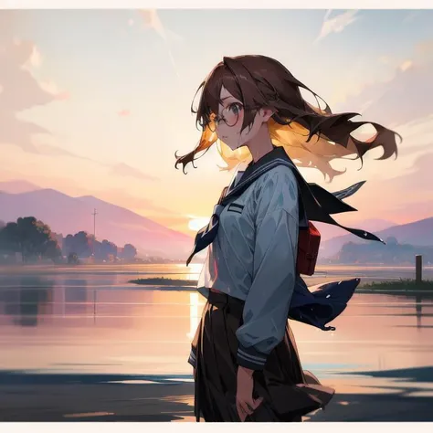 absurdres, ultra-detailed, ((half tone)), earth tone, 1girl, glasses, cowboy shot, outdoor, dawn sea, wind, school uniform, wet
