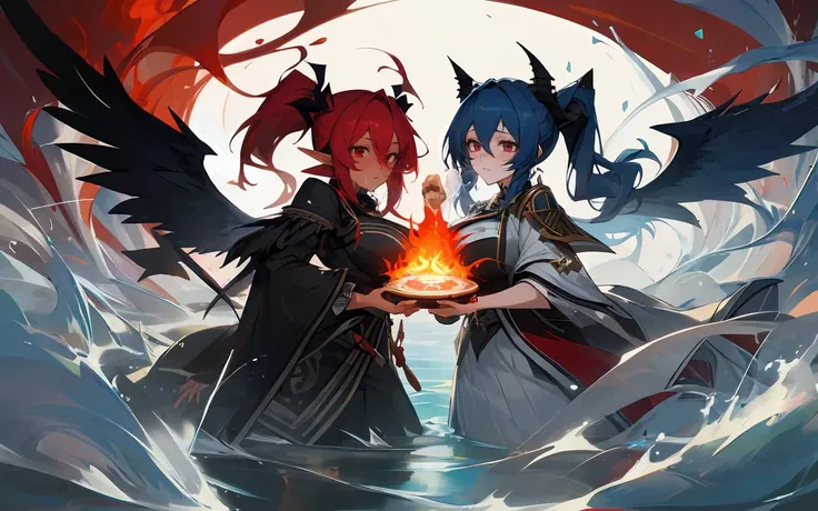 (masterpiece, best quality, ultra-detailed, intricate details),2 girl,symmetrical docking,breast press:1.5,<lora:Akeno_Himejima:1>,Akeno Himejima,
ADDCOMM,
old_ruins,((perfect female figure)),
(beautiful detailed eyes, ultra-detailed, intricate details,perfect_face,perfect_hand),
ADDBASE,
elf,kkw-el-water,
husky body,full body,sfw,
<lora:Background_Detail_v3:0.6>,
hungry,
dark skin,blue hair,blue eyes,
Setting spray,
large breasts,magic circle,clothing cutout,
ADDCOL,
demon,
strapping body,full body,sfw,
<lora:Background_Detail_v3:0.6>,
shocked,
green skin,red hair,red eyes,black wings,
BB cream,
large breasts,kkw-el-fire,