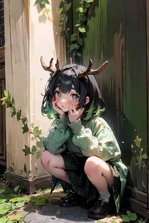 beautiful, masterpiece, best quality,alley, female, whtie oversized sweater,black hair, forrest, 1girl,solo,<lora:jk_v3:0.8> squatting ,<lora:torogao_v5:1> HEART-SHAPED PUPILS,full-face blush, <lora:blooming_antlers:0.7>( blooming antlers),flowers,leaves,ivy,vines ,<lora:DipDyedHair:1>,GREEN INCURSIODIPDYEDHAIR