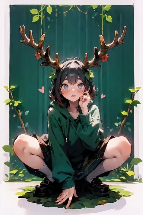 beautiful, masterpiece, best quality, female, oversized hoodie, 1girl,solo,<lora:jk_v3:0.8> squatting ,<lora:torogao_v5:1> HEART-SHAPED PUPILS,full-face blush, <lora:blooming_antlers:0.7> blooming antlers,flowers,leaves,ivy,vines