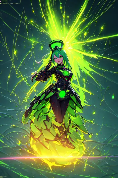 cyber Santa woman, fullbody, unchained, green energy unleashed, green sparkles, glowing green eyes , (Extremely Detailed Oil Painting:1.2), glow effects, godrays, Hand drawn, render, 8k, octane render, cinema 4d, blender, dark, atmospheric 4k ultra detailed, cinematic sensual, Sharp focus, humorous illustration, big depth of field, Masterpiece, colors, 3d octane render, 4k, concept art, trending on artstation, hyperrealistic, Vivid colors, extremely detailed CG unity 8k wallpaper, trending on ArtStation, trending on CGSociety, Intricate, High Detail, dramatic, absurdes <lora:3DMM_V12:0.8> woan santqa