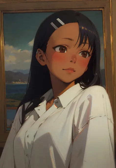 masterpiece, best quality, 4k, female, <lora:Nagatoro_V3:0.55> nagatoro hayase, hair ornament, brown eyes, hairclip ,dark skin,long black hair , <lora:1658150168111984718:1> ,oil painting,classic painting,