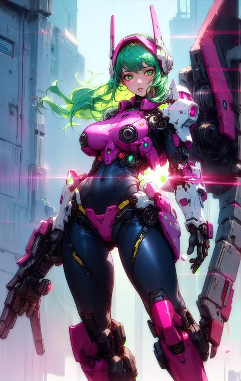 ((Best Quality)), ((perfect masterpiece)), (detailed: 1.4), (absurd), (((whole body, curvy body, enormously gigantic , Cleavage showing)), (((pink hair woman))), 21 year old woman, Beautiful sexy busty woman, giant robot pilot, wild with perfect curvy body, wearing little mecha battle armor, tiny thong, clothing with cyberpunk japanese graphic patterns, halftone and vertical stripes pattern, earth tone, coming out of the body of a giant robot