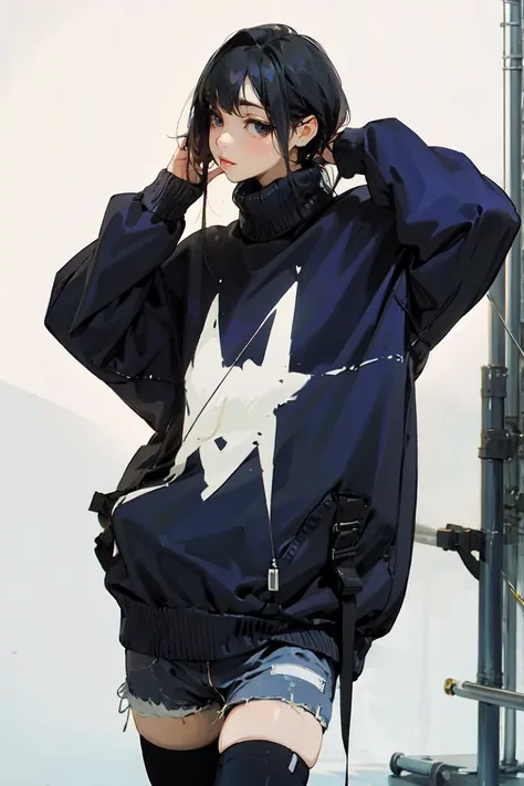 beautiful, masterpiece, best quality, female, oversized sweater, short shorts, thigh highs,city, 1girl,solo,<lora:Chinese fashion girl-2.0:1>