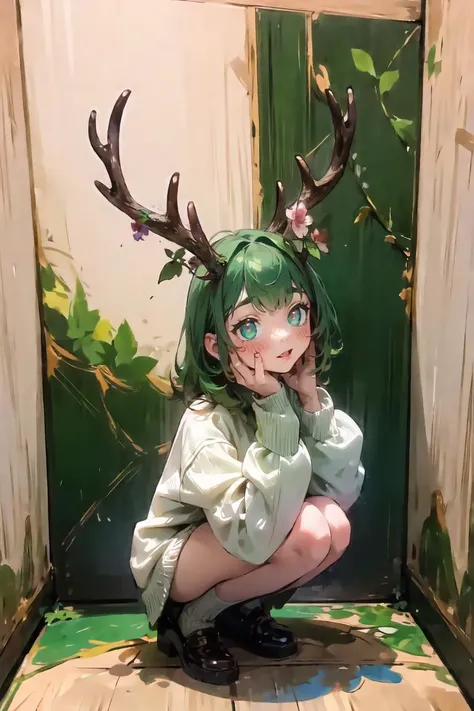 beautiful, masterpiece, best quality, female, whtie oversized sweater, forrest, 1girl,solo,<lora:jk_v3:0.8> squatting ,<lora:torogao_v5:1> HEART-SHAPED PUPILS,full-face blush, <lora:blooming_antlers:0.7> blooming antlers,flowers,leaves,ivy,vines ,<lora:DipDyedHair:1>,GREEN INCURSIODIPDYEDHAIR