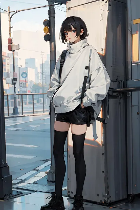 beautiful, masterpiece, best quality, female, oversized sweater, short shorts, thigh highs,city,  1girl,solo,<lora:Chinese fashion girl-2.0:0.75>,hands in pocket