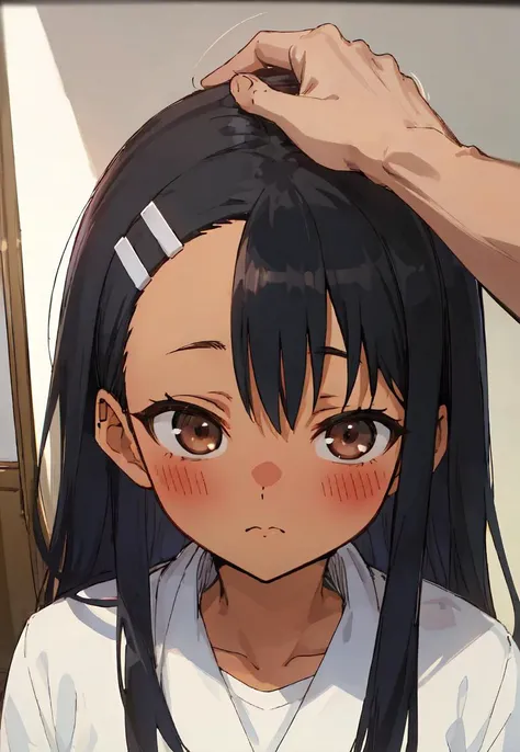 masterpiece, best quality, 4k, female, <lora:Nagatoro_V3:0.55> nagatoro hayase, hair ornament, brown eyes, hairclip ,dark skin, black hair , <lora:HeadpatPOVV2:1> IncrsHeadpatPOV,pov, headpat,1 hand