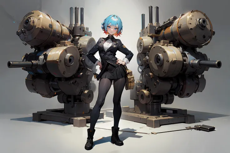 realistic, hyperrealistic, rim lighting, global illumination, dramatic lighting, (masterpiece), (best_quality), (ultra-detailed), (illustration), (contrapposto:1.3), (full body:1.4), 8k, absurdres, vivid colors,
spunky Steampunk girl, brass machinery, seductive, beckoning,
1girl, bangs, blue eyes, grey background, hand on hip, looking at viewer, short hair, solo, standing, weapon,
multicolored hair, gradient hair, combat jacket, combat boots, skirt,
large gun, thick barrel, m