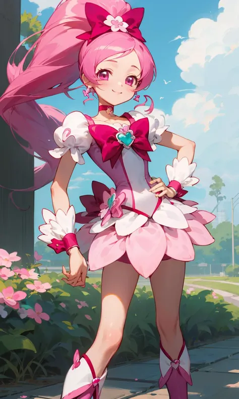 masterpiece, best quality, solo, 1girl,
Cure Blossom \(HeartCatch Pretty Cure\), HeartCatch Pretty Cure,
cowboy shot, Pretty smile, 
pink shorts, pink wrist cuffs,  gem, frills, pink choker, pink boots, pink skirt,
long ponytail, hand on forehead, hand on hip, standing, legs apart,
(garden in the background), small hands,
<lora:microwaist_4_z:.2>
<lora:locon_cure_blossom_1:.9>