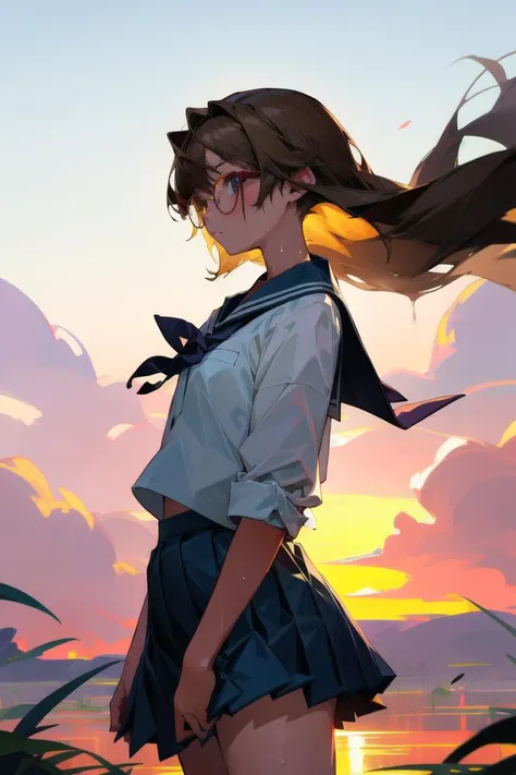 absurdres, ultra-detailed, ((half tone)), earth tone, 1girl, glasses, cowboy shot, outdoor, dawn sea, wind, school uniform, wet