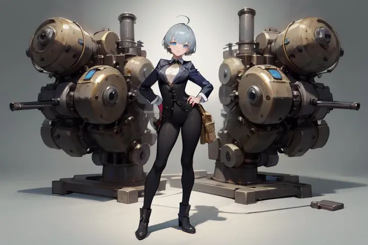 realistic, hyperrealistic, rim lighting, global illumination, dramatic lighting, (masterpiece), (best_quality), (ultra-detailed), (illustration), (contrapposto:1.3), (full body:1.4), 8k, absurdres, vivid colors,
blue-grey hair, spunky Steampunk girl, brass machinery, seductive, beckoning,
1girl, bangs, blue eyes, grey background, hand on hip, looking at viewer, short hair, solo, standing, weapon,
