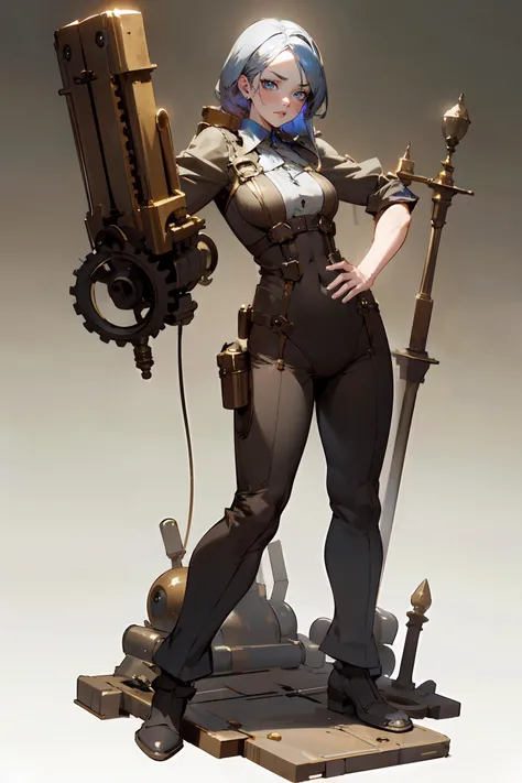 <lora:GoodHands-vanilla:1>, nice hands, perfect hands, fingers, fierce expression, cocked eyebrow,
realistic, rim lighting, global illumination, dramatic lighting, (masterpiece), (best_quality), (ultra-detailed), (illustration), (contrapposto:1.3), (full body:1.4), 8k, absurdres, vivid colors, blue-grey hair, spunky Steampunk girl, brass machinery, seductive, beckoning