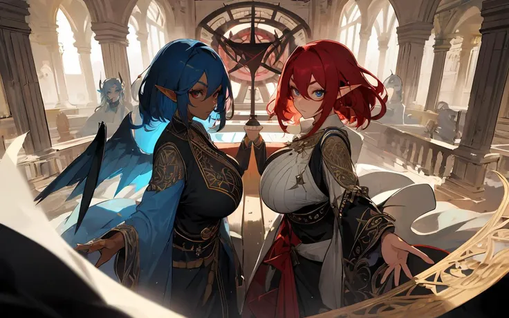 (masterpiece, best quality, ultra-detailed, intricate details),2 girl,symmetrical docking,breast press,
ADDCOMM,
old_ruins,((perfect female figure)),
(beautiful detailed eyes, ultra-detailed, intricate details,perfect_face,perfect_hand),
ADDBASE,
elf,
hardy body,full body,sfw,
<lora:Background_Detail_v3:0.6>,
furled brow,
dark skin,blue hair,blue eyes,
Highlighter palette,
large breasts,magic circle,clothing cutout,
ADDCOL,
demon,
powerfully built body,full body,sfw,
<lora:Background_Detail_v3:0.6>,
stubborn,
green skin,red hair,red eyes,black wings,
Mascara,
large breasts,