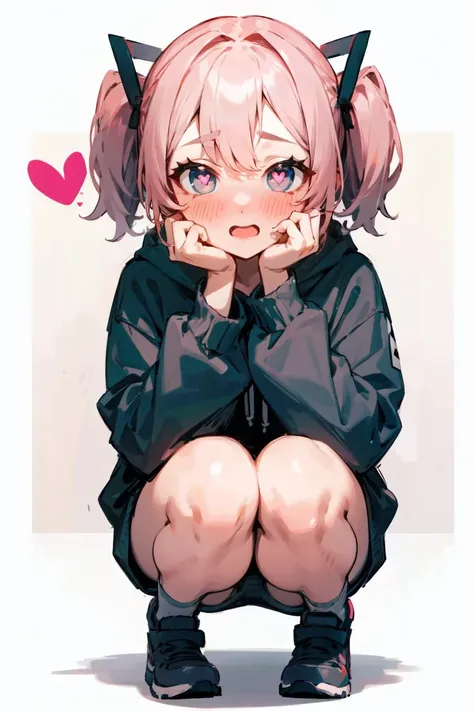 beautiful, masterpiece, best quality, female, oversized hoodie, squatting FULL-FACE BLUSH,HEART-SHAPED PUPILS, <lora:torogao_v5:1>