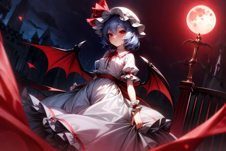 masterpiece,best quality,extremely clear,<lora:add_detail:1.2>,<lora:GoodHands-beta2:1>,1girl,solo,<lora:Remilia Scarlet:0.7>,remilia scarlet,red eyes,short hair,bat wings,hat,blue hair,hat ribbon,short sleeves,wrist cuffs,puffy short sleeves,red ribbon,frilled shirt,white skirt,frilled,white shirt,frilled sleeves,pointy ears,white headwear,red western style luxury mansion,night,red moonlight,