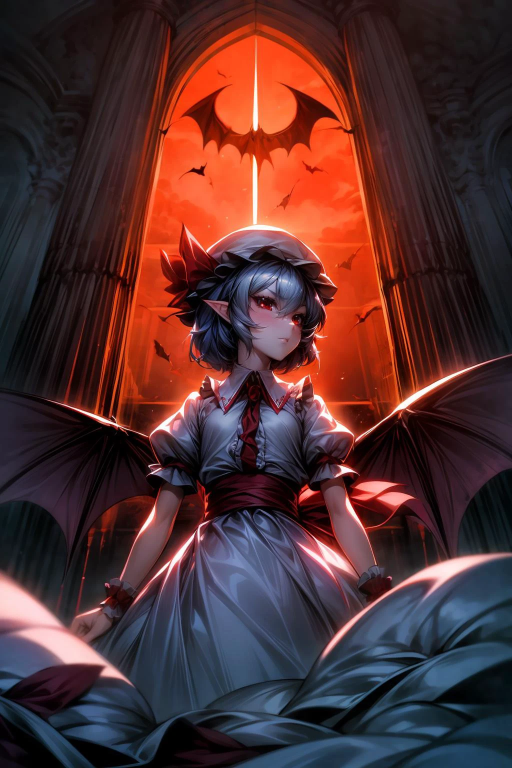 masterpiece,best quality,extremely clear,<lora:add_detail:1.2>,<lora:GoodHands-beta2:1>,1girl,solo,<lora:Remilia Scarlet:0.7>,remilia scarlet,red eyes,short hair,bat wings,hat,blue hair,hat ribbon,short sleeves,wrist cuffs,puffy short sleeves,red ribbon,frilled shirt,white skirt,frilled,white shirt,frilled sleeves,pointy ears,white headwear,red western style luxury mansion,night,moonlight,<lora:cumflood_v1.0_locon_AdamW8bits:0.75>,cumbath,