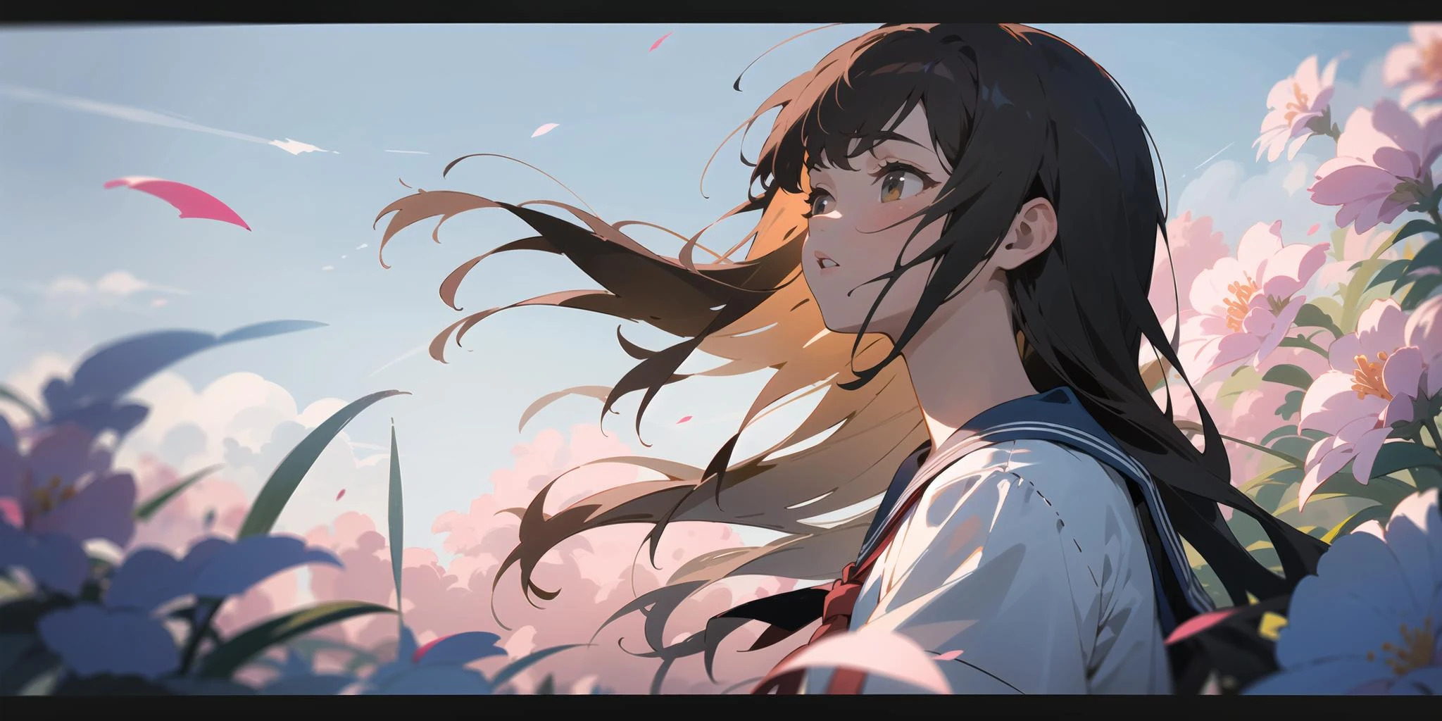 (masterpiece, best quality),1girl, solo, flower, long hair, outdoors, letterboxed, school uniform, day, sky, looking up, short sleeves, parted lips, shirt, cloud, black hair, sunlight, white shirt, serafuku, upper body, from side, pink flower, blurry, brown hair, blue sky, depth of field