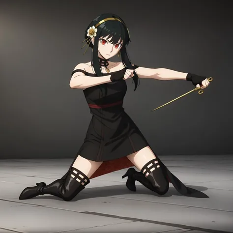 <lora:YorForgerXLpony004>,
looking at viewer,
solo,
YorForger,1girl,black hair,red eyes,short hair with long locks,
gold hairband,hair flower,
black choker,
black dress,sleeveless,off shoulder,
floral_print,
fingerless gloves,
black footwear,(thigh high heel boots:1.2),
fighting_stance,holding dagger,kneeling,one knee,spread legs,stretching one leg,