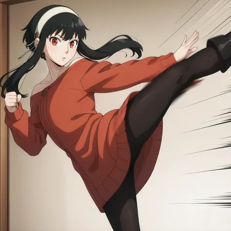 <lora:YorForgerXLpony004>,
looking at viewer,
solo,
YorForger,1girl,black hair,red eyes,short hair with long locks,
white hairband,
off shoulder,red sweater,
black pantyhose,
boots,
standing,
motion_blur,motion line,speed_lines,sweater skirt,kicking,high_kick,stretched legs,looking back,